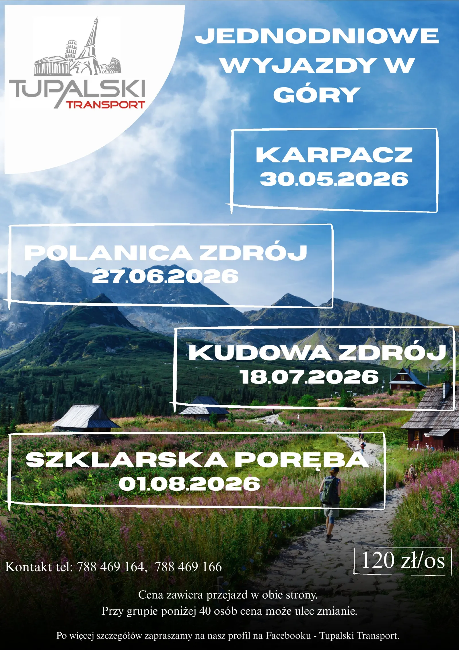 Plakat: jednodniowe wyjazdy w góry – Karpacz, Polanica-Zdrój, Kudowa-Zdrój i Szklarska Poręba, 120 zł/os.