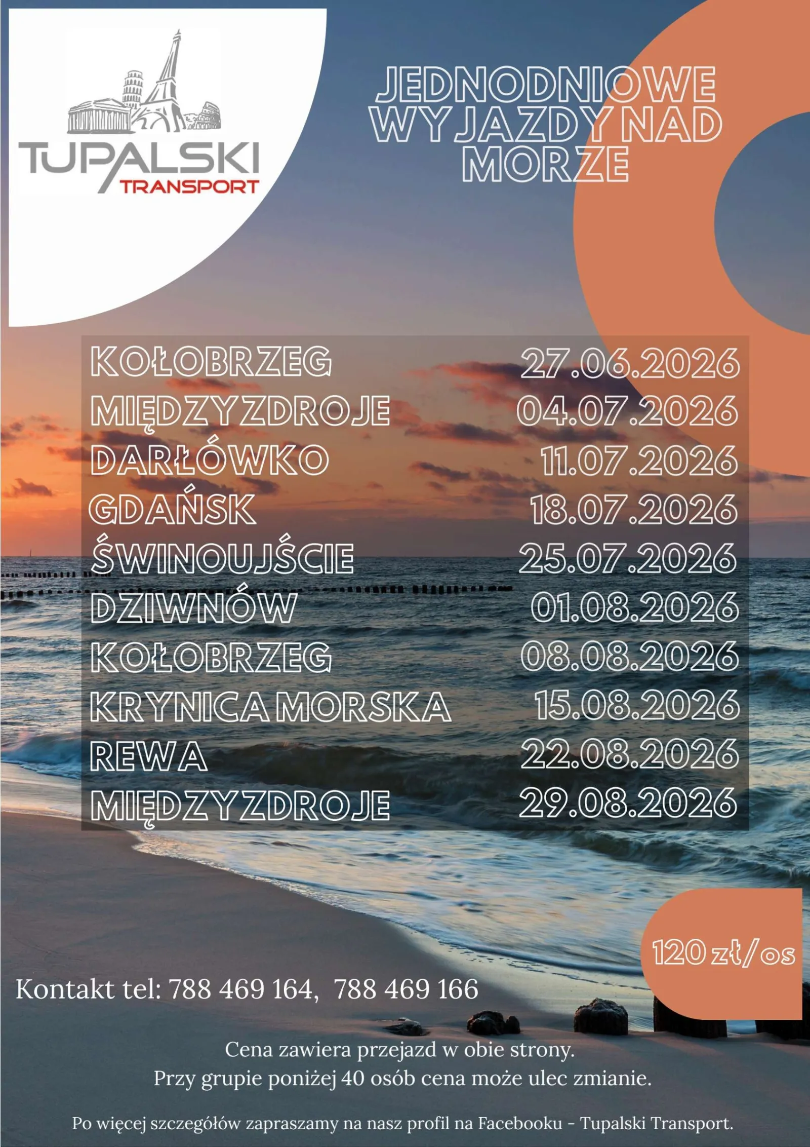 Plakat: jednodniowe wyjazdy nad morze – od Świnoujścia po Krynicę Morską, 120 zł/os.